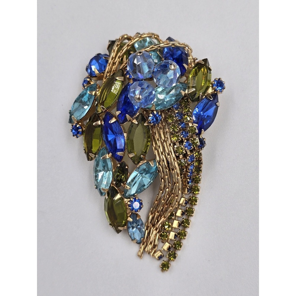 Vintage Mid-Century Blue‎ & Olive Green Rhinestone Cascade Brooch Pin 3" - Picture 6 of 12